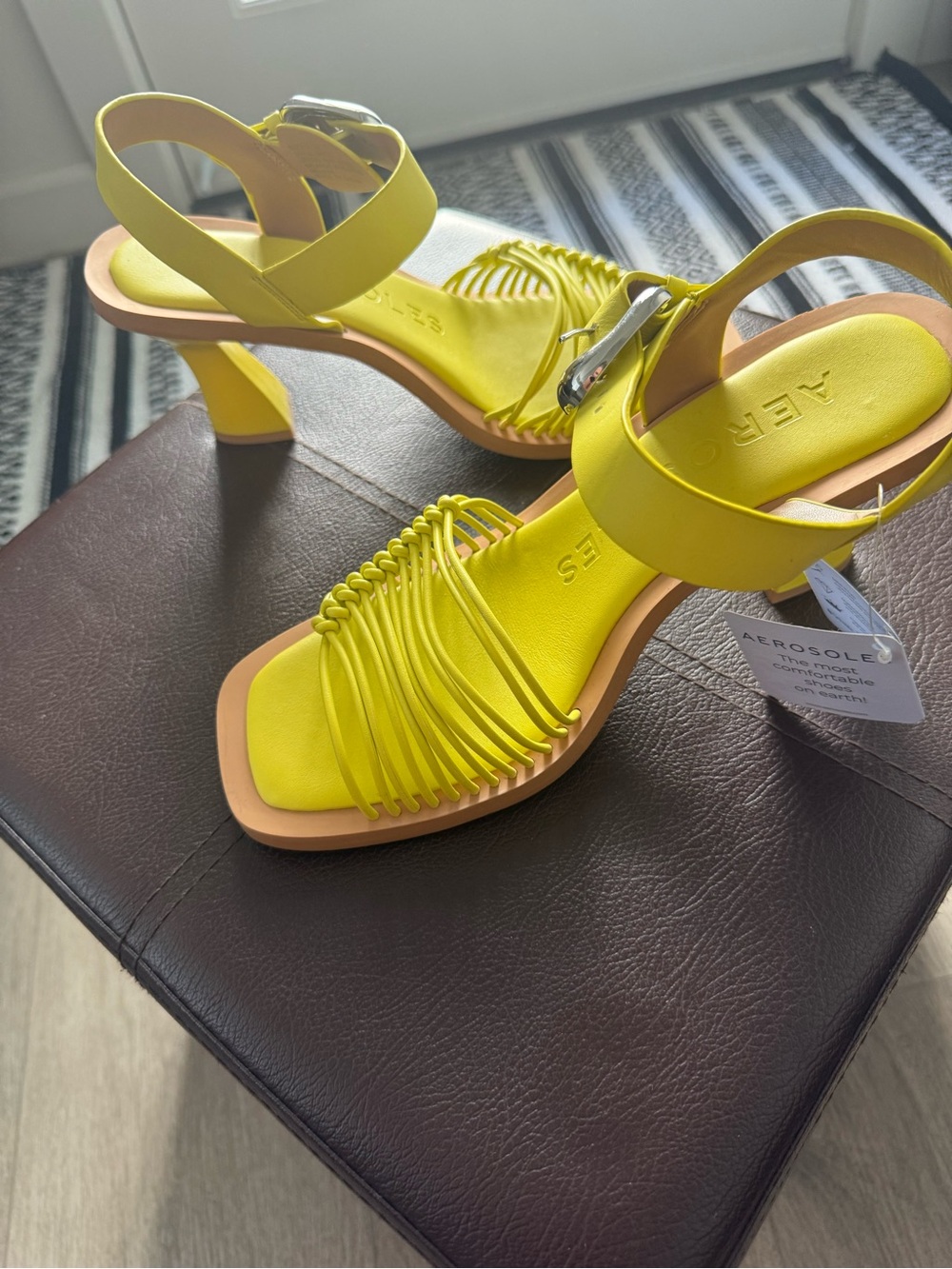 AEROSOLES Bright Yellow Strappy Square-Toe Block Heel Sandals